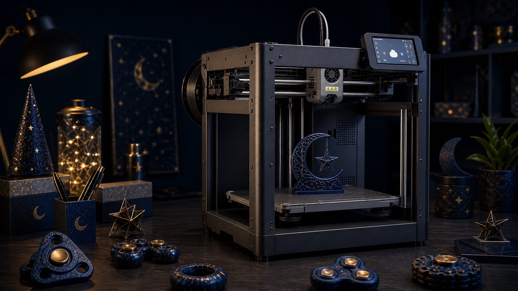 Adventurer 5M style 3D printer creating celestial custom objects